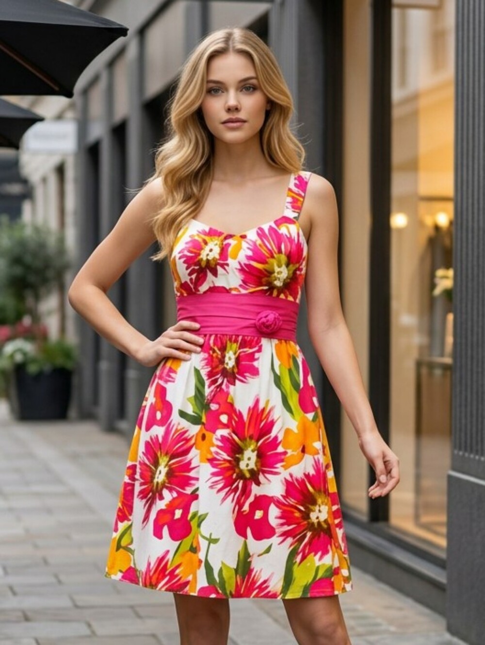 City Triangles Sz 7 Floral Fit Flare Dress Pink Y2K Bow Rosette Garden Party